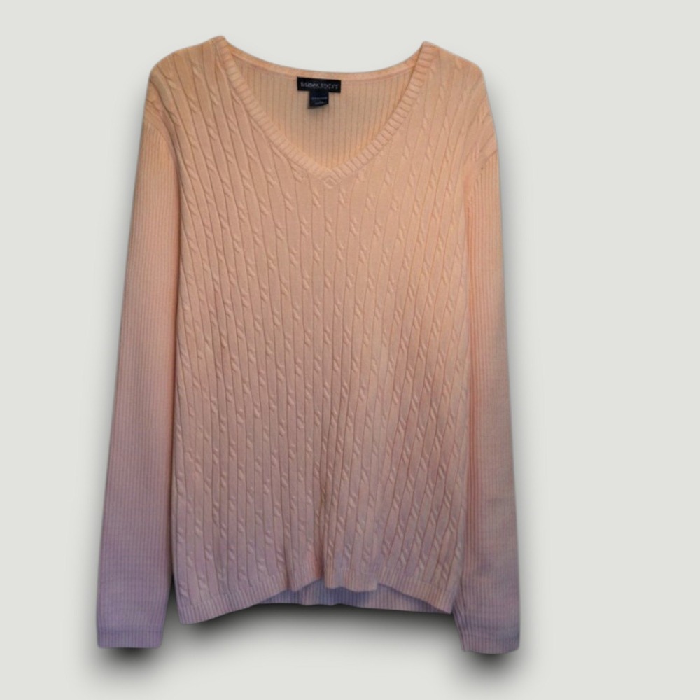 Karen Scott Cable Knit Sweater Women L Pink Knit V-Neck Preppy Classic Casual